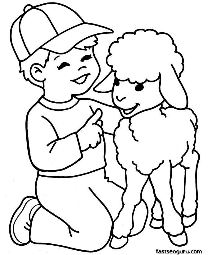 printable Farm lamb and boy coloring page